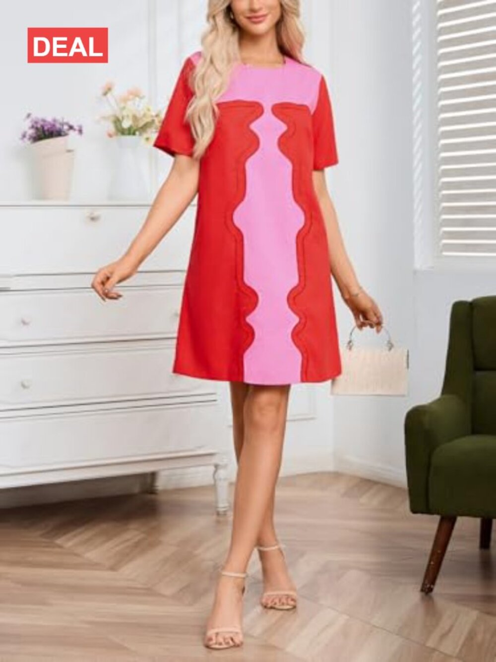 Color Block Shift Dress Cotton Linen Short Sleeve Embroidered Mini Dress with - Picture 5 of 6